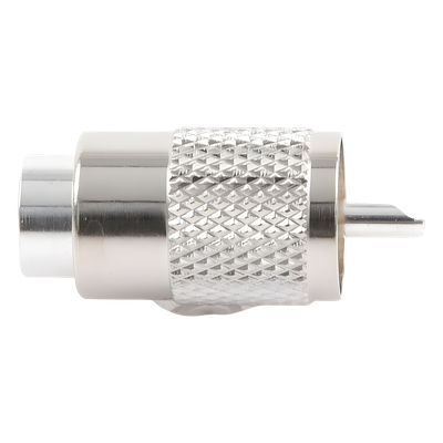 Conector Coaxial UHF Macho / PL-259 / Ensamble Roscado-Soldable / Para Cables RG-8/U, RG-213, RG-214, LMR-400, Belden 9913 / Cuerpo Bronce Plateado / Concha Níquelada