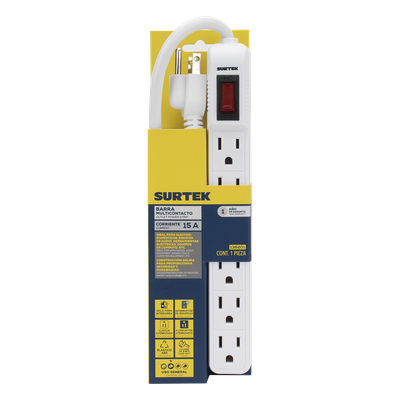 Multicontacto con Cable / 6 Tomas con Tierra / 15 A / Calibre 14 AWG / Cable 30 cm (11.8 in) / Interruptor Iluminado