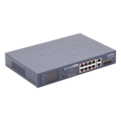 Switch PoE No Administrable / 8 Puertos Gigabit RJ45 / 2 Uplink Gigabit / 2 SFP / PoE 802.3af/at 32W / Presupuesto 120W / Extender 250 m (820 ft) / Pantalla LCD