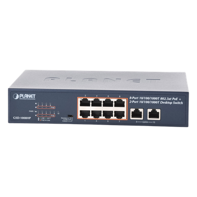 Switch PoE+ / 8 Puertos Gigabit 802.3at / 2 Puertos Uplink / Presupuesto PoE 120 W / Alcance Extendido 250 m (820.2 ft) / Rackeable 1U