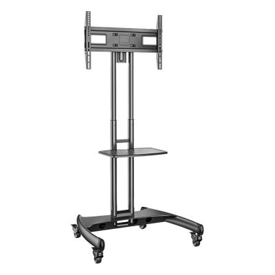 Soporte Móvil para Pantalla / 32" a 75" / Carga 45.5 kg (100 lbs) / VESA 200x200 a 600x400 mm / Altura Ajustable 1120-1520 mm (3.67 a 4.99 ft) / Base para Accesorios / 4 Ruedas 360°