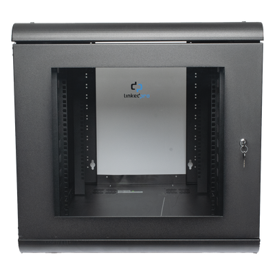 Gabinete de Pared 12U / Profundidad Ajustable 930 mm / Acero Reforzado ANSI/TIA / Carga 100 kg / Cristal Templado / 4 Postes Ajustables
