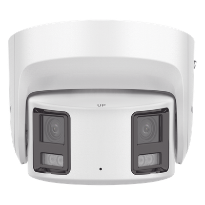 Cámara Turret IP Panorámica / 8 Megapixel / Dual Lente 4 mm 180° / Color 24/7 / WDR 130 dB / Luz Blanca 30 m (98.4 ft) / IP67 / PoE / Audio Bidireccional / AcuSense