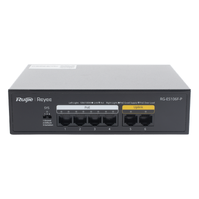 Switch PoE+ / 6 Puertos 10/100 Mbps / 54W PoE Total / No Administrable / Sin Ventilador