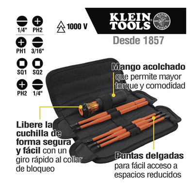 Juego de Desarmadores Intercambiables con Aislamiento 1000V / 8 Puntas / Mango Ergonómico / Estuche Enrollable