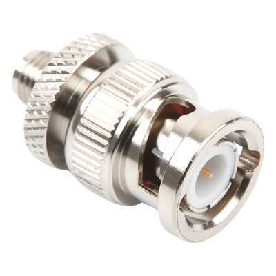 Adaptador Coaxial en Línea / SMA Hembra a BNC Macho / Cuerpo Bronce Niquelado / Contacto Oro / Aislante Teflón