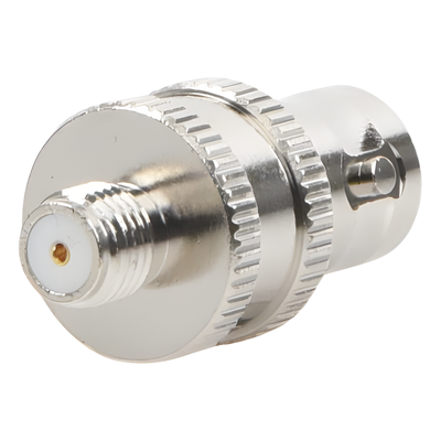 Adaptador RF Coaxial / BNC Hembra a SMA Hembra / Montaje en Línea / Cuerpo Niquelado / Contacto Oro / Aislante Teflón