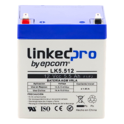 Batería de Respaldo AGM / 12 V / 5.5 Ah / Vida Útil 5 Años / Terminales F1 + Adaptador F2 / UL Certificada