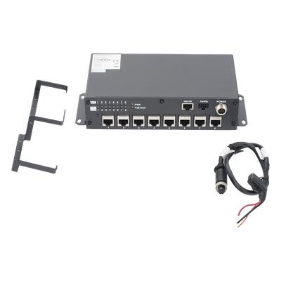 Switch PoE Móvil / 8 Puertos PoE 100 Mbps / 1 Puerto Uplink 1 Gbps / 90 W Total / 9-36 V DC / -20°C a +60°C