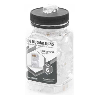 Plug Modular RJ45 / Cat6 / Sin Blindaje / 23AWG / Chapado Oro 30 Micras / 100 Piezas