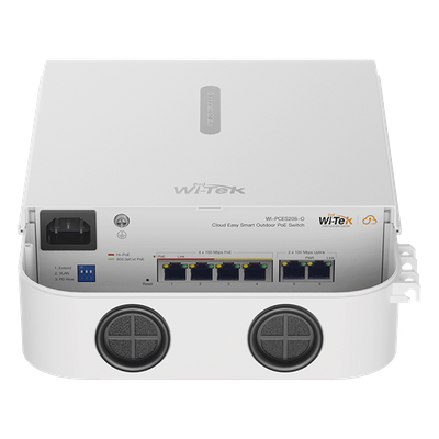 Switch PoE para Exterior / 4 Puertos 10/100 Mbps PoE af/at / 2 Puertos Uplink / Presupuesto 60 W / Alcance PoE 250 m (820.2 ft) / IP65 / Gestión en la Nube
