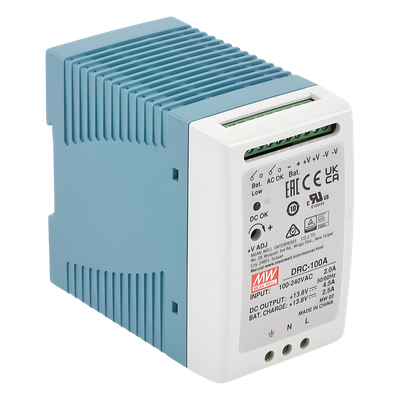 Fuente de Poder Riel DIN / 100W / Salida Dual 13.8V CC / Cargador de Batería Integrado / 87% Eficiencia / Convección Natural