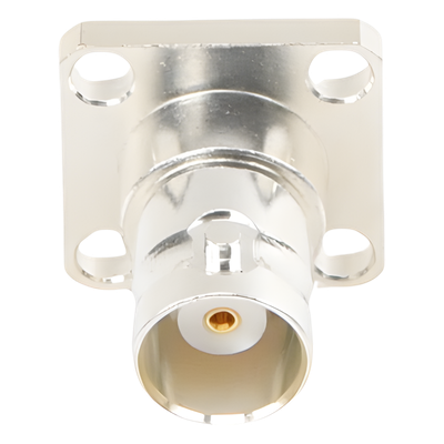 Conector BNC Hembra para Chasis / Montaje en Panel 17.53 mm / 4 Perforaciones 12.7 mm (0.5 in) / Impedancia 50 Ohm / Terminación por Soldadura