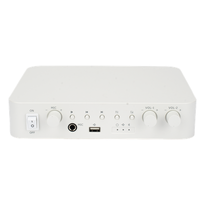 Amplificador de Audio / 2 Canales / 30 W por Canal / Bluetooth / USB / RCA / Micrófono / Cobertura 30 m (98.4 ft)