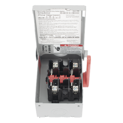 Interruptor de Seguridad / 240Vca / 2 Polos / 30A / NEMA 3R / Doble Ruptura Visible / Sin Portafusibles / 100kAIC