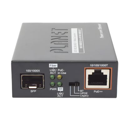 Convertidor de Medios PoE++ / 1x RJ45 Gigabit / 1x SFP 100/1000BASE-X / 60W 802.3bt / Cat5e/6 4-Pares