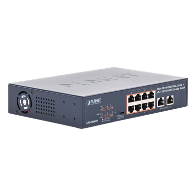 Switch PoE+ / 8 Puertos Gigabit 802.3at / 2 Puertos Uplink / Presupuesto PoE 120 W / Alcance Extendido 250 m (820.2 ft) / Rackeable 1U