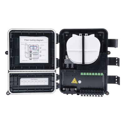 Caja de Distribución de Fibra Óptica / 24 Empalmes / 8 Acopladores SC/APC Simplex / IP55 Exterior / Montaje en Poste