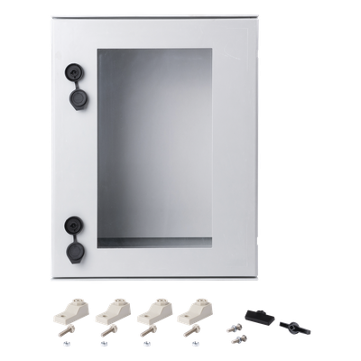 Gabinete de Poliéster IP65 / Puerta Transparente / 400 x 500 x 200 mm / Carga 30 kg / Placa Trasera Incluida / Uso en Intemperie