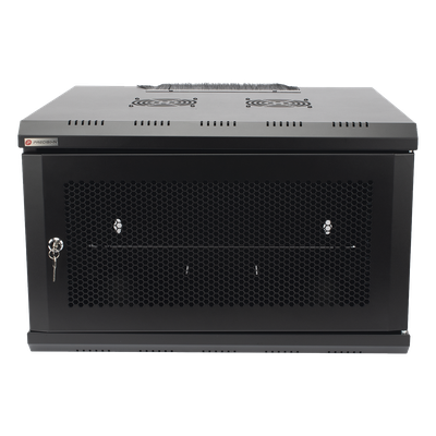 Gabinete de Pared 19 in / 6U / Profundidad 455 mm / Carga 60 kg / Puerta Perforada / 2 Ventiladores / Panel Cepillo